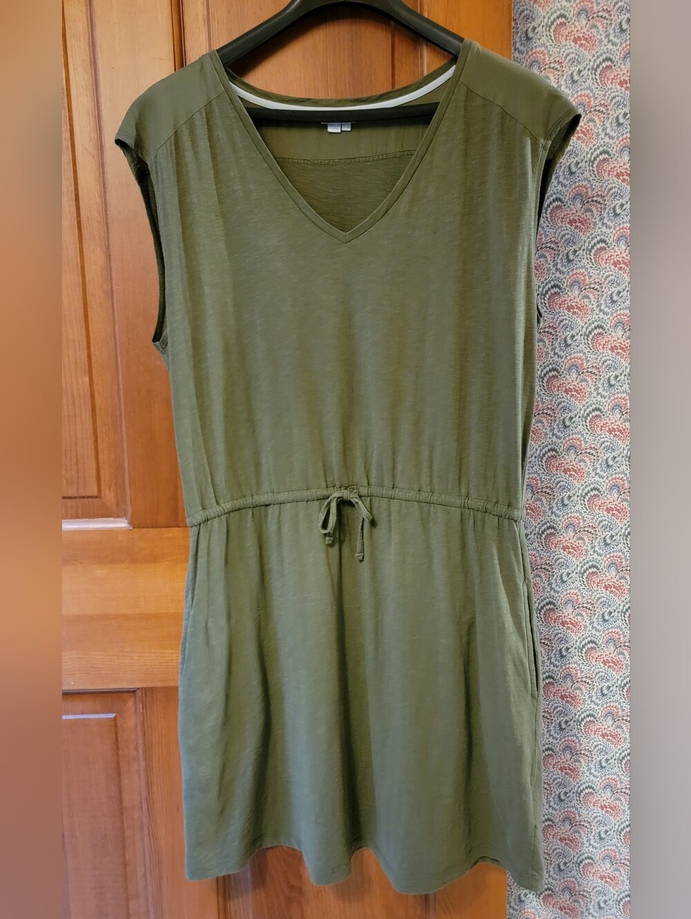 Boden Olive Green Cotton Jersey Dress Sz 14R Pockets Drawstring V-Neck WW023